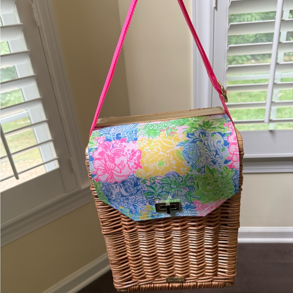 Lilly Pulitzer Pink and Green Shoulder Wine Carrier with Wicker Base